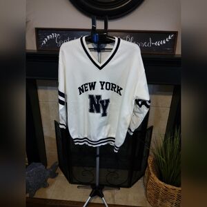 New York Ladies V-Neck Sweater - White and Navy